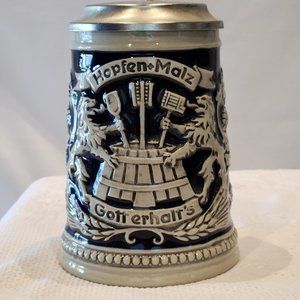 "HOPFEN u. MALZ GOTT ERHALT'S" GERMAN BEER STEIN LID GERTZ W. GERMANY LIONS BLUE